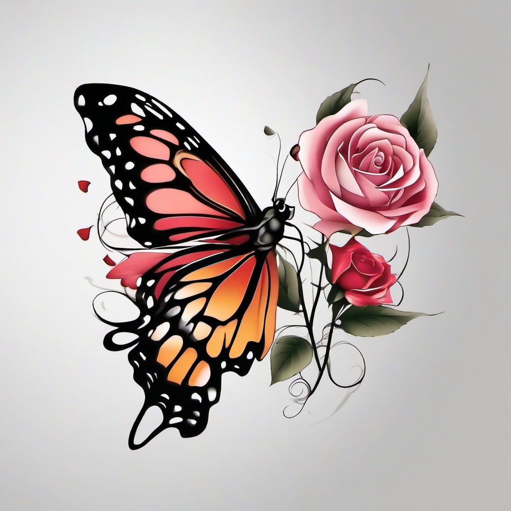 butterfly rose tattoo designs  simple color tattoo, minimal, white background