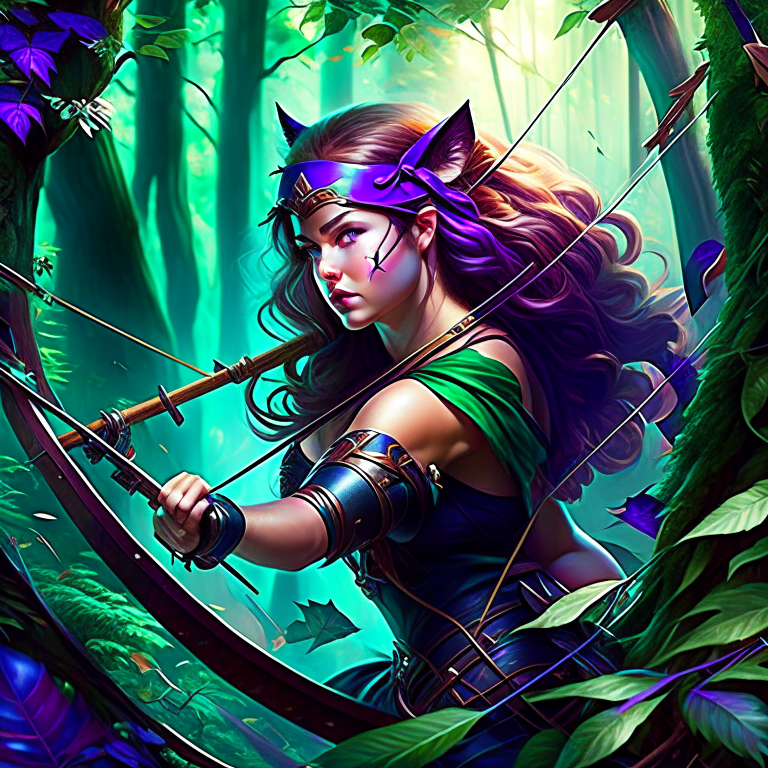 atalanta, the swift huntress, racing through a dense forest with her bow and arrow. 