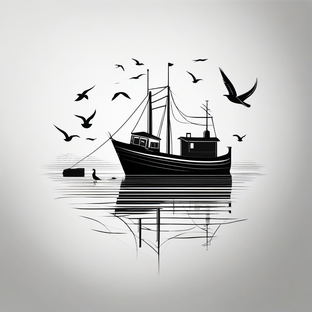 Fishing boat with seagulls tattoo. Coastal harmony in ink.  minimalist black white tattoo style