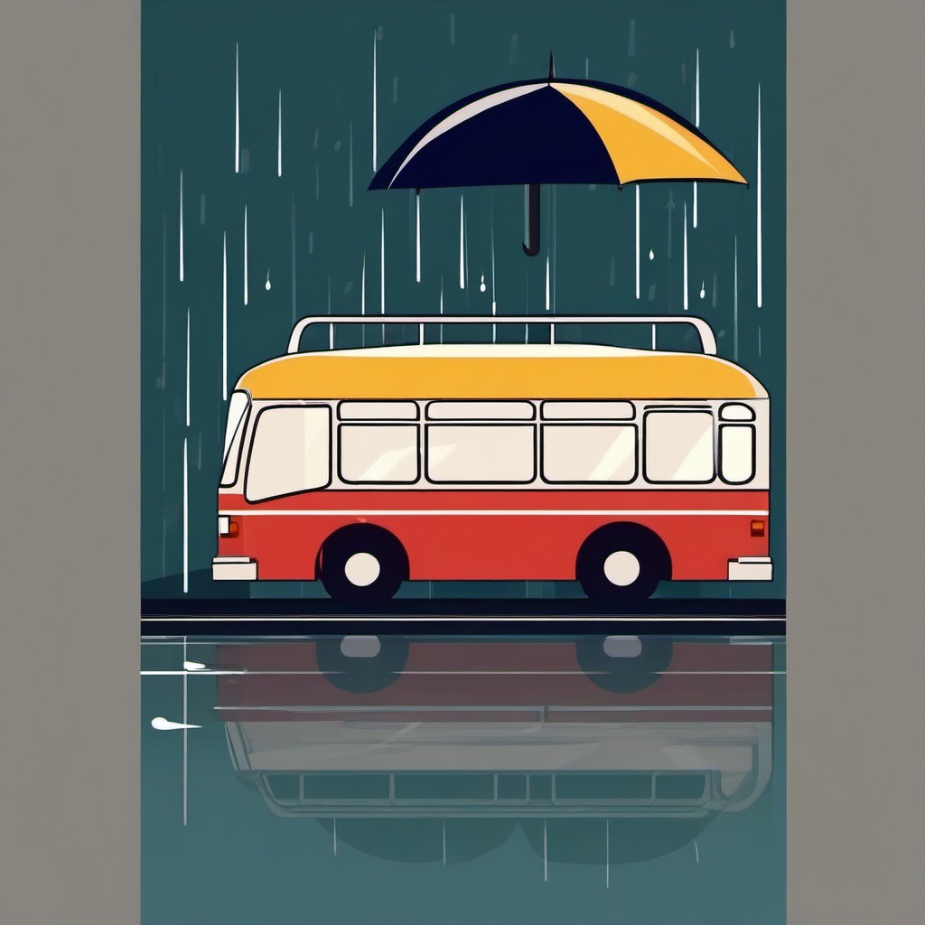 Bus clipart - bus in the rain with an umbrella  color,minimalist,vector clipart