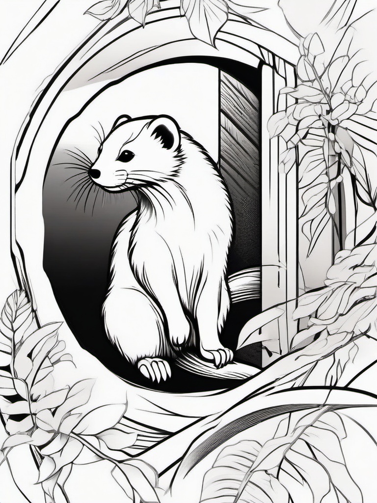 Ferret Tattoo - Curious ferret exploring a hidden corner  few color tattoo design, simple line art, design clean white background