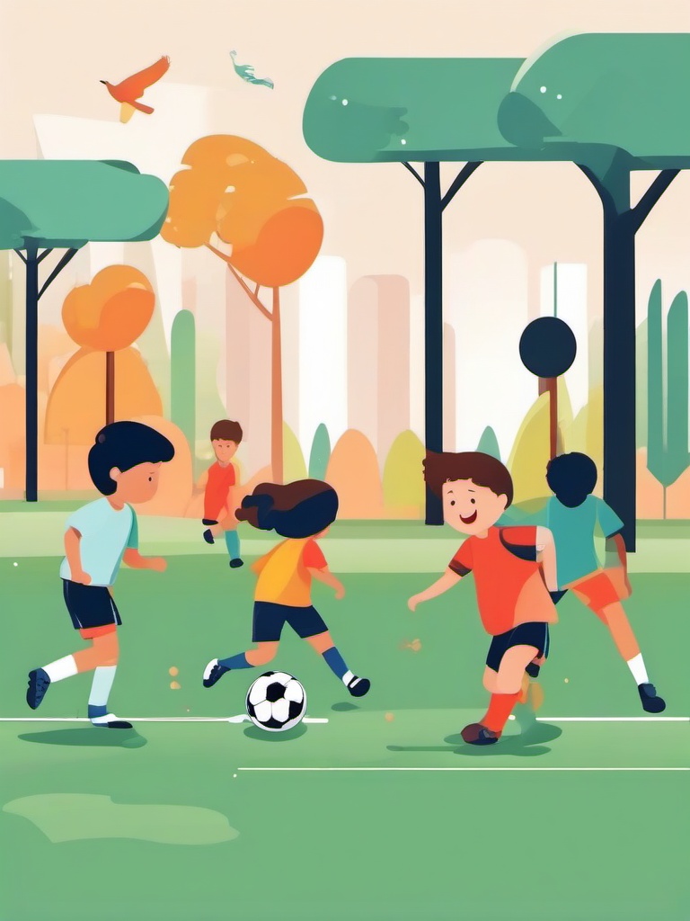 Soccer clipart - kids playing soccer in a park  color,minimalist,vector clipart