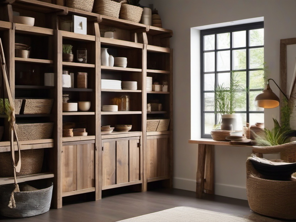 The storage room showcases rustic interior design with organized wooden shelving, natural decor, and warm accents that maximize efficiency while adding a cozy character to the space.  