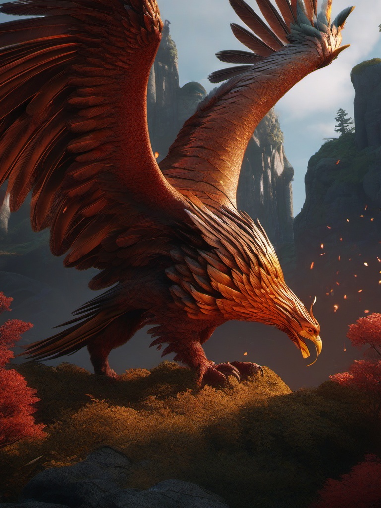 Mythical Beasts - A realm where mythical beasts like griffins and phoenixes roam detailed matte painting, deep color, fantastical, intricate detail, splash screen, complementary colors, fantasy concept art, 8k resolution trending on artstation unreal engine 5