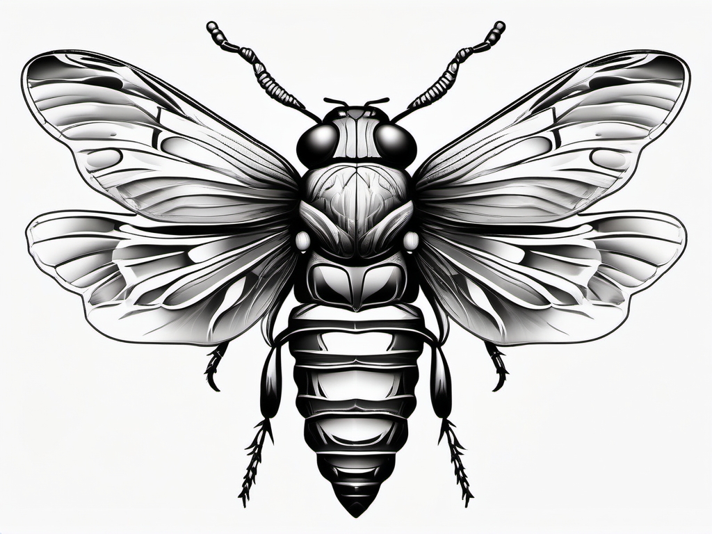 Cicada with fiery flames design: Symbolizing the intensity and passion within nature.  black white tattoo, white background