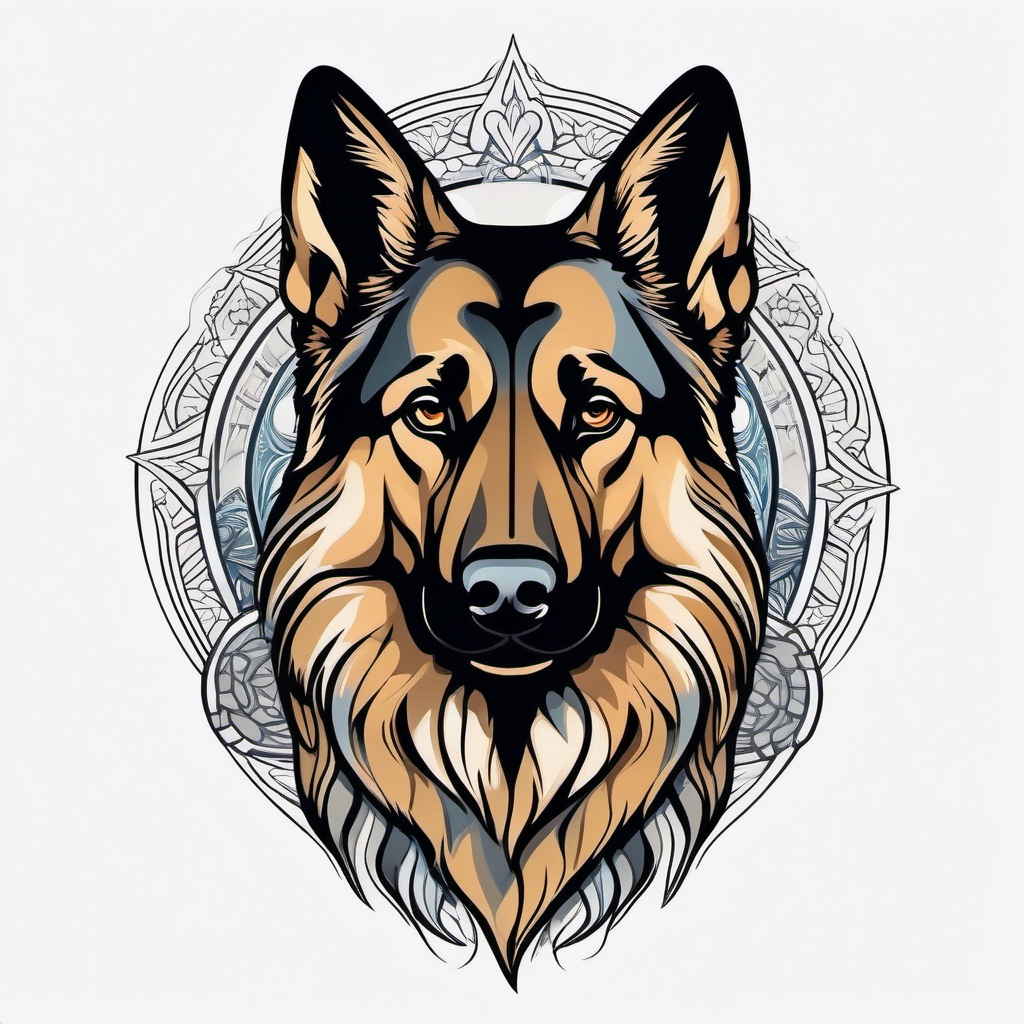 German Shepherd tattoo: Majestic German Shepherd, symbolizing courage and steadfast loyalty.  color tattoo style, minimalist, white background