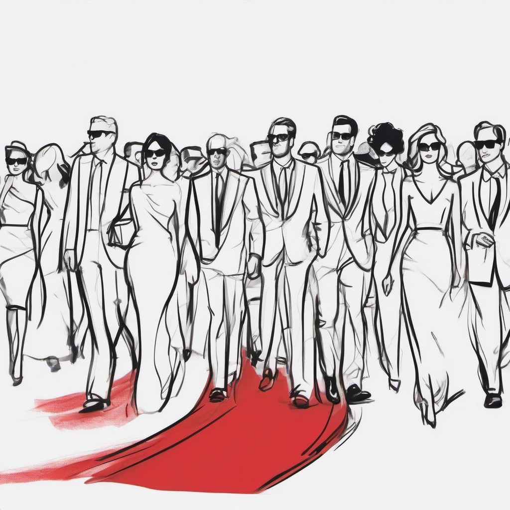 drawing of celebrities walking the red carpet  minimal rough sketch scribbles,doodles,black and white