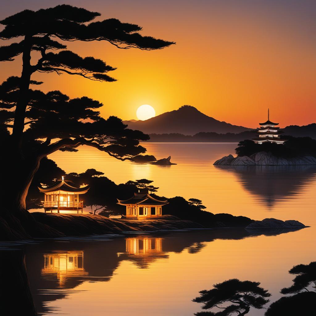 matsushima - paint the tranquil night view of matsushima bay, adorned with pine-covered islands and the soft glow of lanterns, considered one of japan's most beautiful sights. 