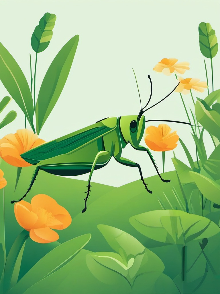 Grasshopper Clip Art - A green grasshopper in a garden,  color vector clipart, minimal style