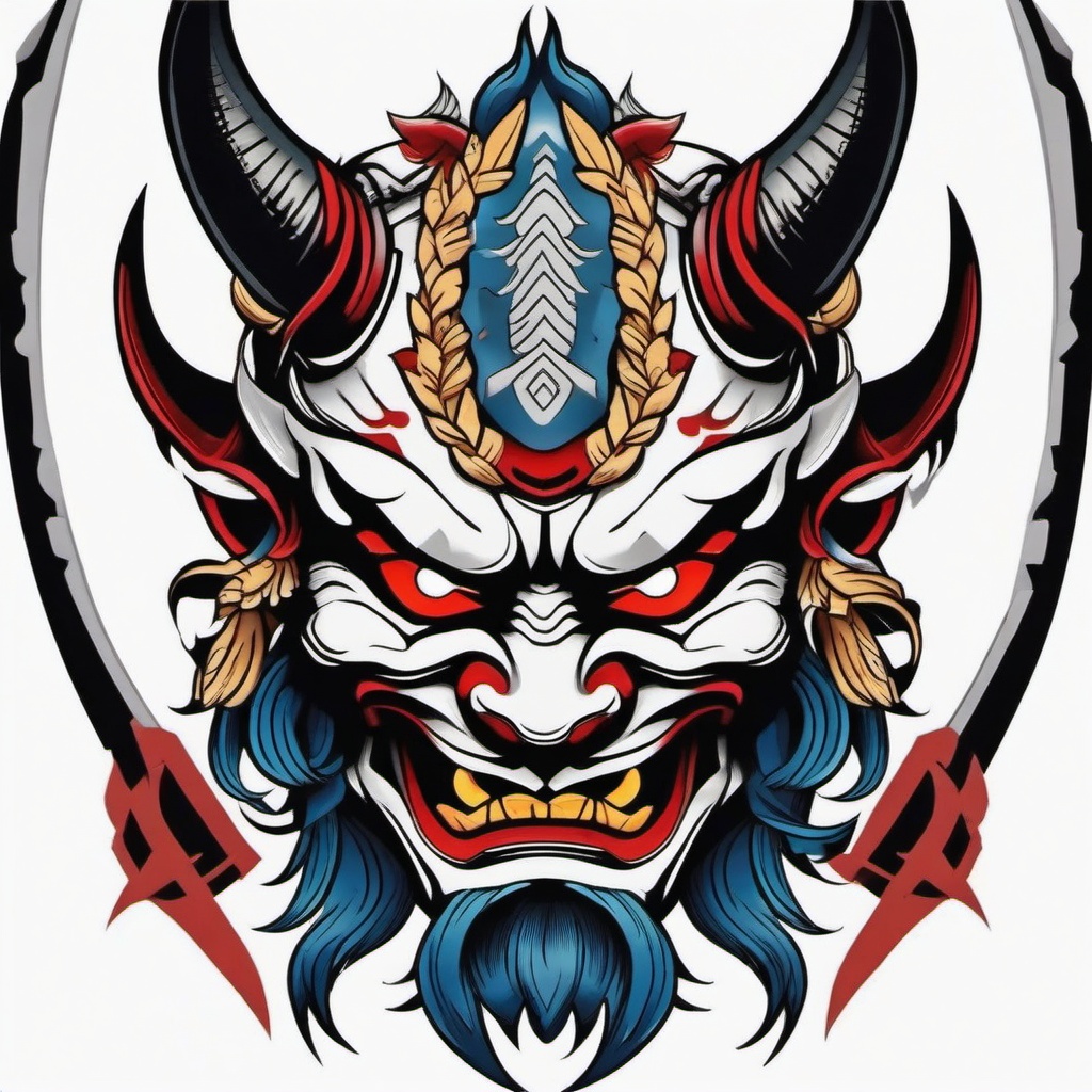 oni mask american traditional  simple color tattoo,white background,minimal