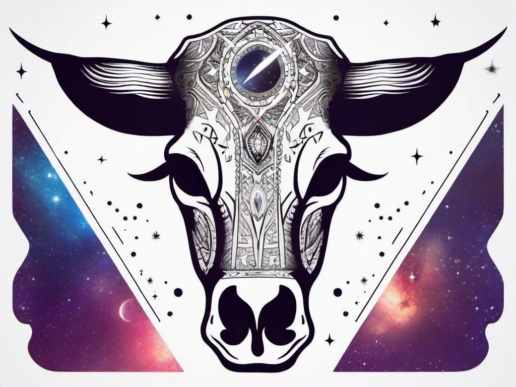 Cow skull with galaxy tattoo: Cosmic connection, celestial symbolism.  simple color tattoo style