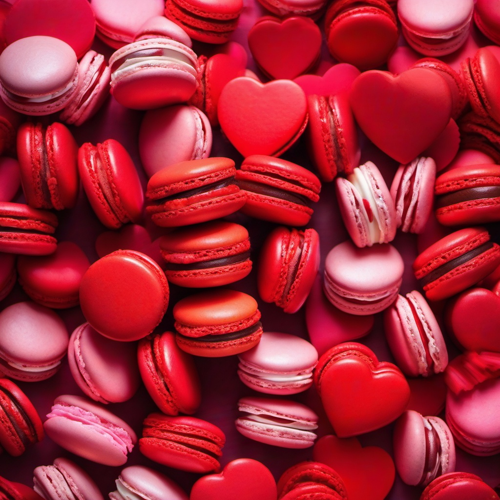 Valentines Day background - Red and pink macarons stacked in a heart shape  