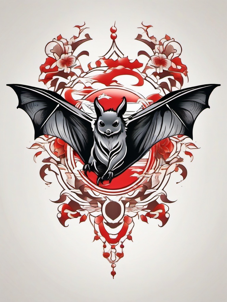 Japanese Bat Tattoo-Asian-inspired tattoo featuring a bat, blending traditional Japanese elements.  simple color tattoo,white background