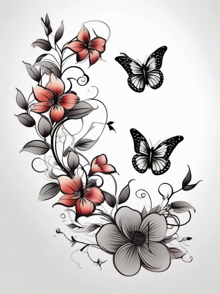 butterfly tattoo with vines and flowers  simple color tattoo, minimal, white background