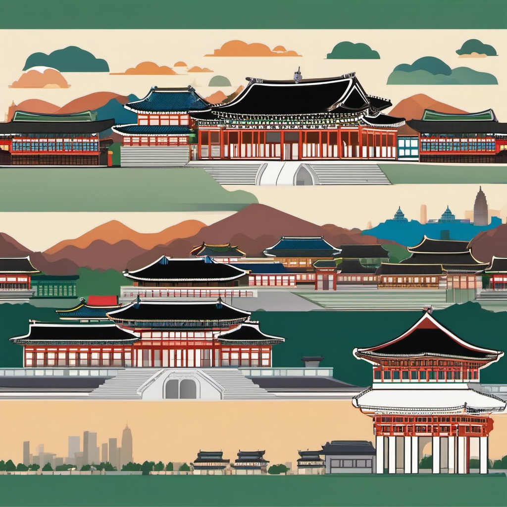 Seoul clipart - Gyeongbokgung Palace and Seoul skyline, ,color clipart vector style