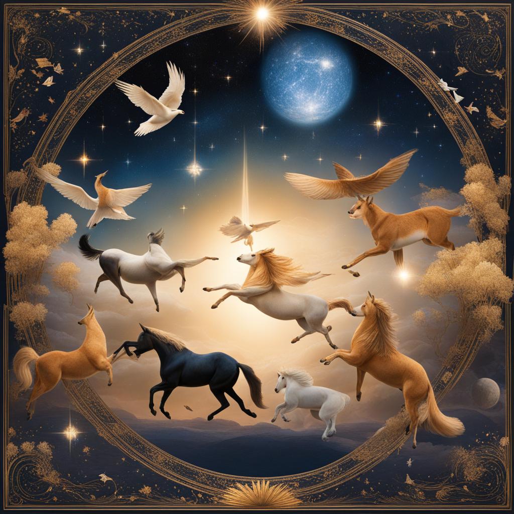 compose a celestial ballet with a group of celestial animals dancing among the stars. 