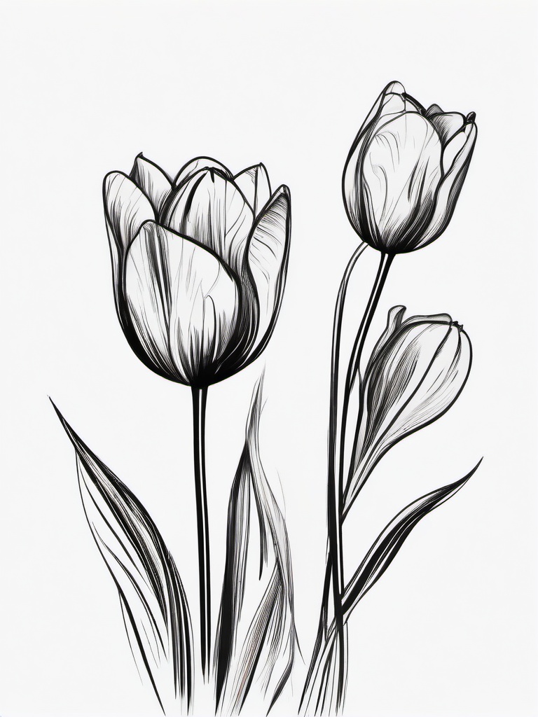 drawing of tulips with bees  minimal rough sketch scribbles,doodles,black and white