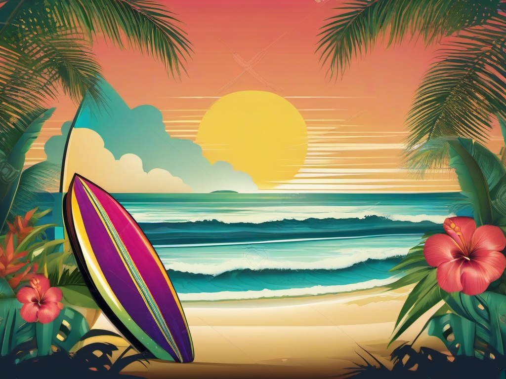 Surfboard clipart - surfboard in tropical paradise  vector clipart