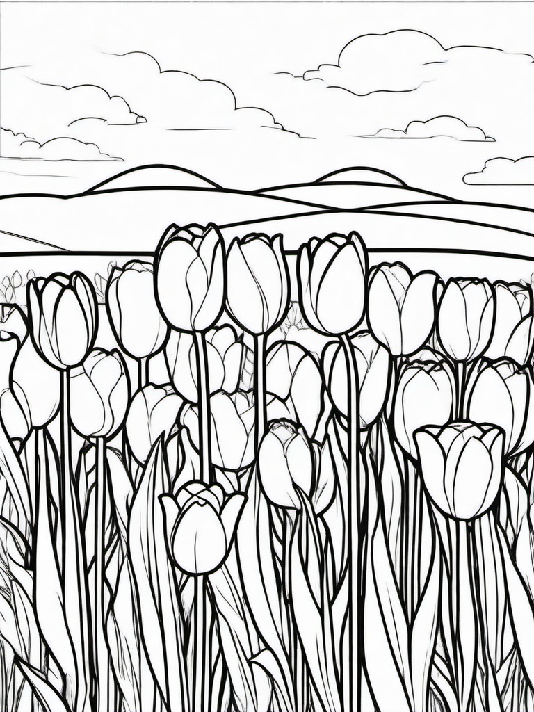 Tulip coloring page sheet - Bright tulips standing tall in a field under a clear sky.  black outline printable coloring page