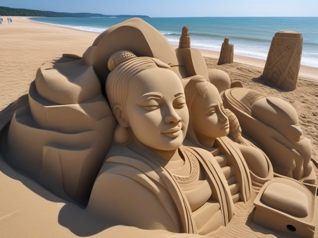 Beachside sand sculptures close shot perspective view, photo realistic background, hyper detail, high resolution