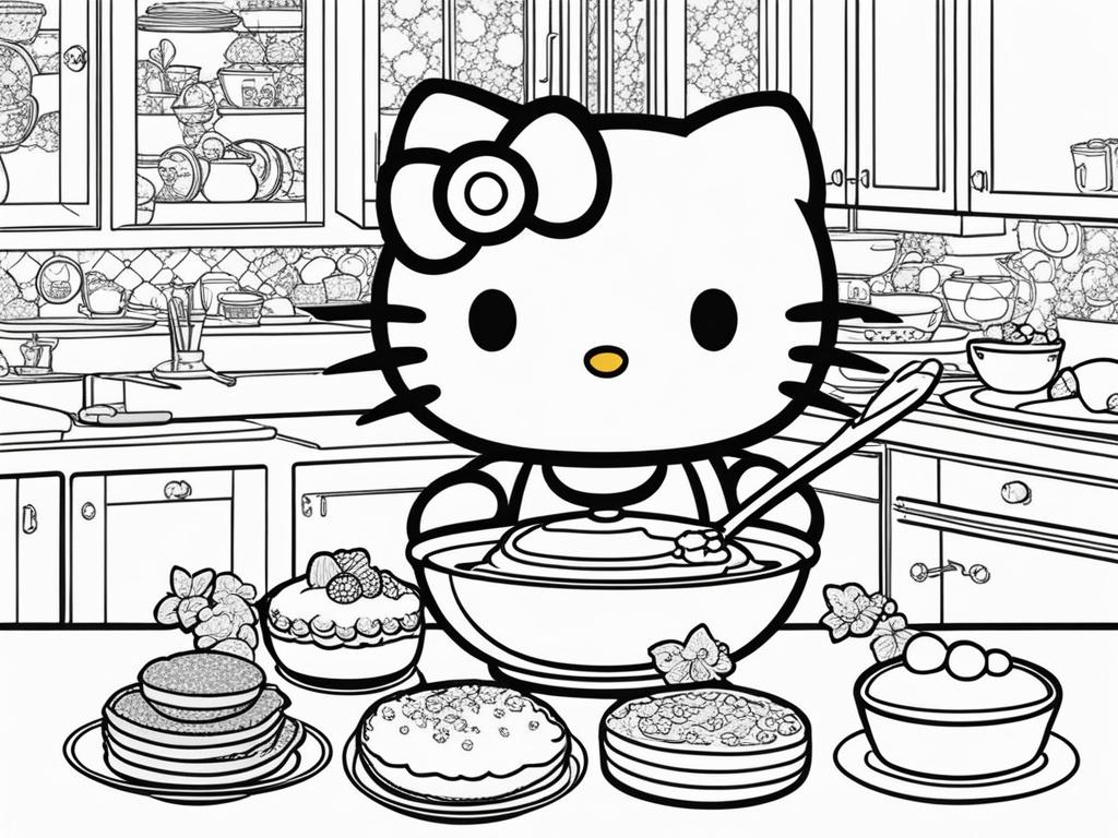 hello kitty coloring pages - hello kitty bakes delicious cookies in a cozy kitchen. 