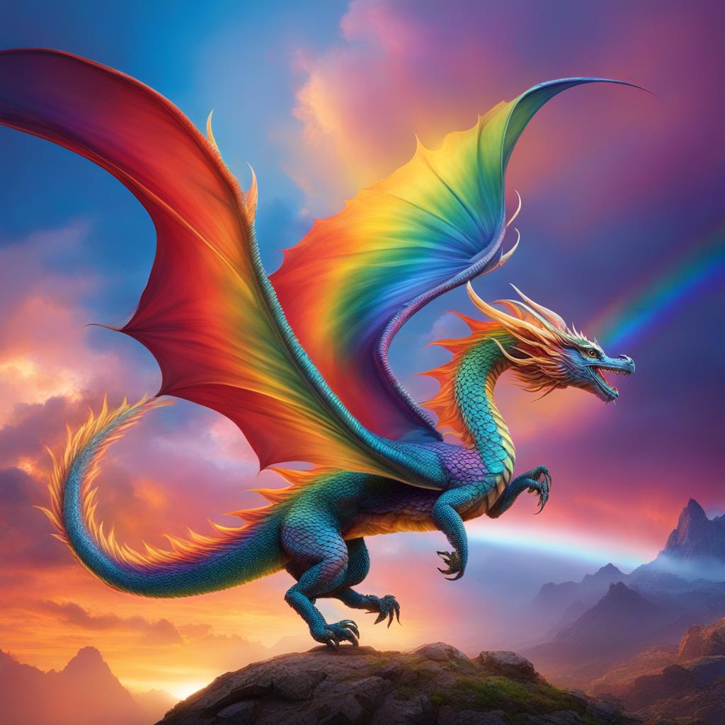 rainbow dragon soaring through a sky ablaze with a vivid spectrum of colors, its every movement creating a rainbow trail. 