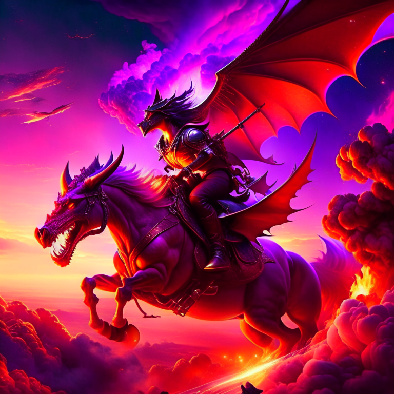 fierce dragon rider atop a majestic, fire-breathing dragon, soaring through a fiery sky. 