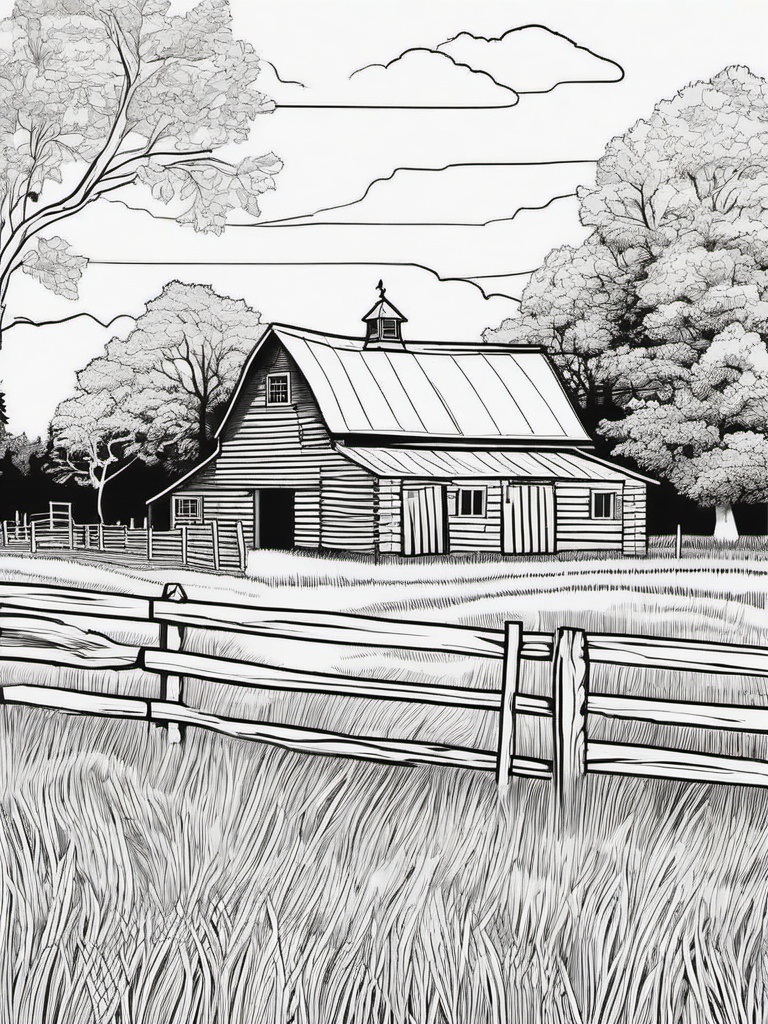 House Coloring Pages - Rustic barn with hay bales and farm equipment  simple coloring pages