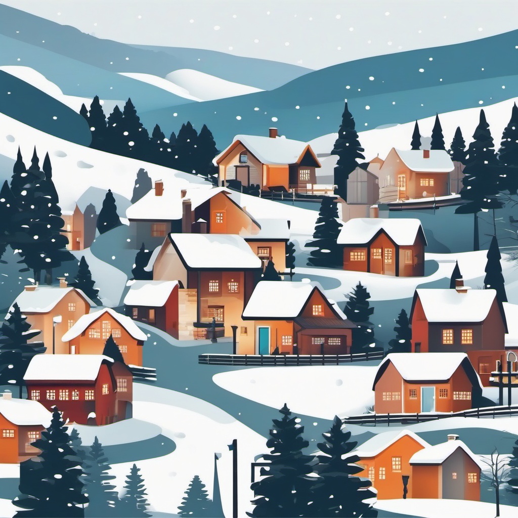 Snowy Village Scene clipart - Snow-covered village nestled in hills, ,vector color clipart,minimal