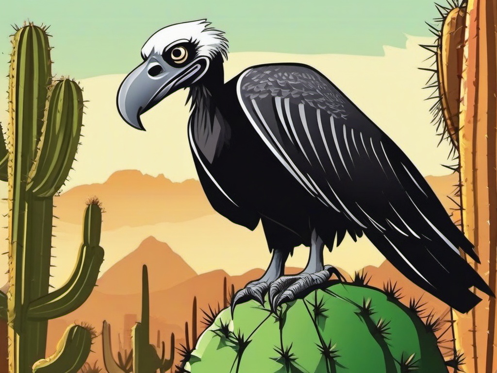 Vulture Cartoon - Cartoon of vulture perched on cactus  