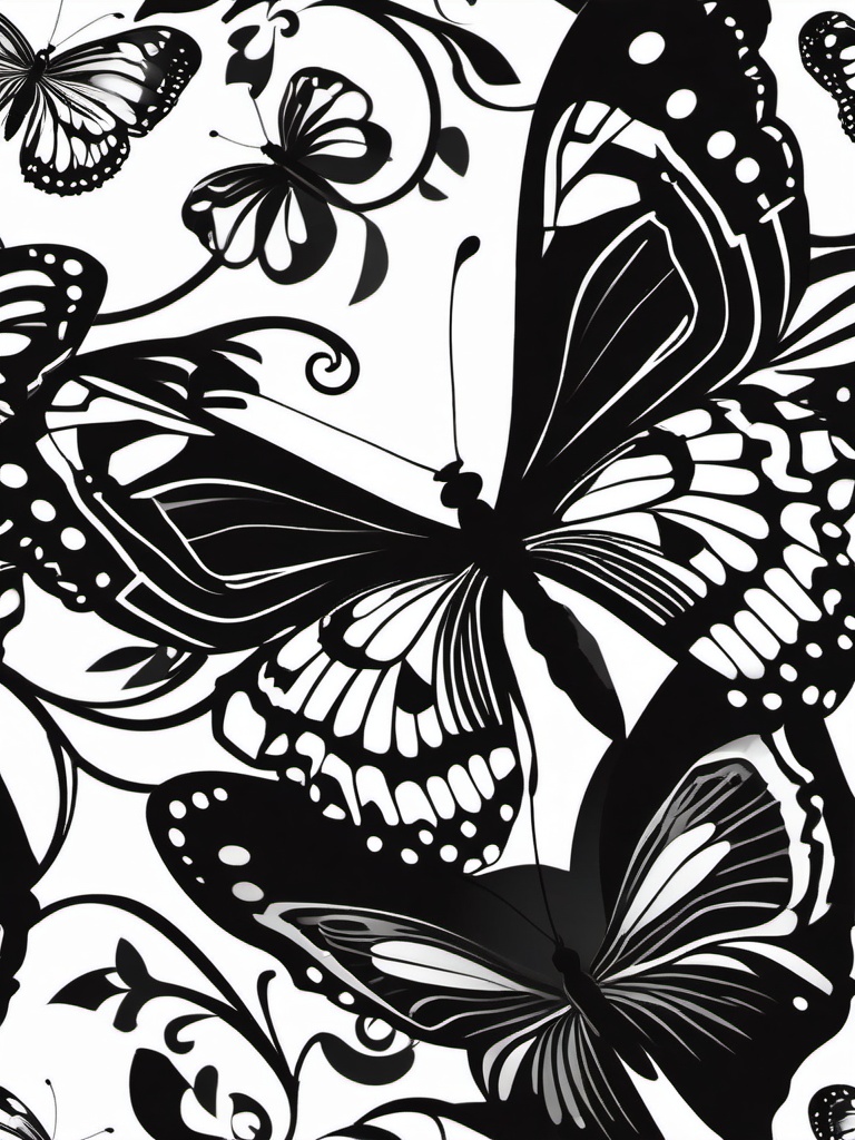 Black White Butterfly Clipart,Illustrating a monochrome butterfly-themed mural with black white butterfly clipart  simple, 2d flat