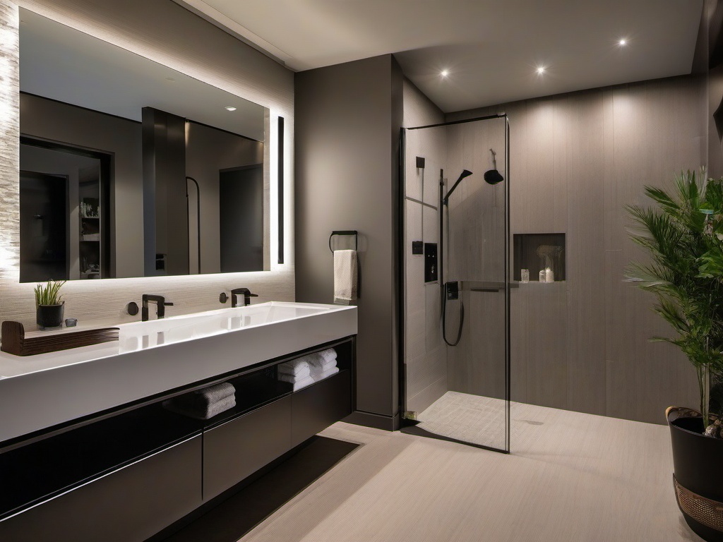 A small bathroom designed with High Tech interior design highlights sleek surfaces, high-tech fixtures, and advanced lighting that make the space feel modern and efficient.  