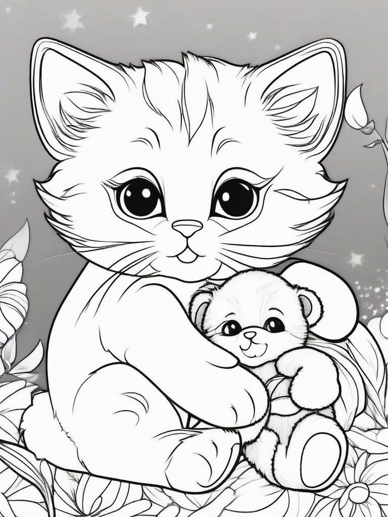 Kitty and a Teddy Bear Coloring Pages - Kitten Cuddling with a Teddy Bear  minimal black outline printable sheet, coloring page