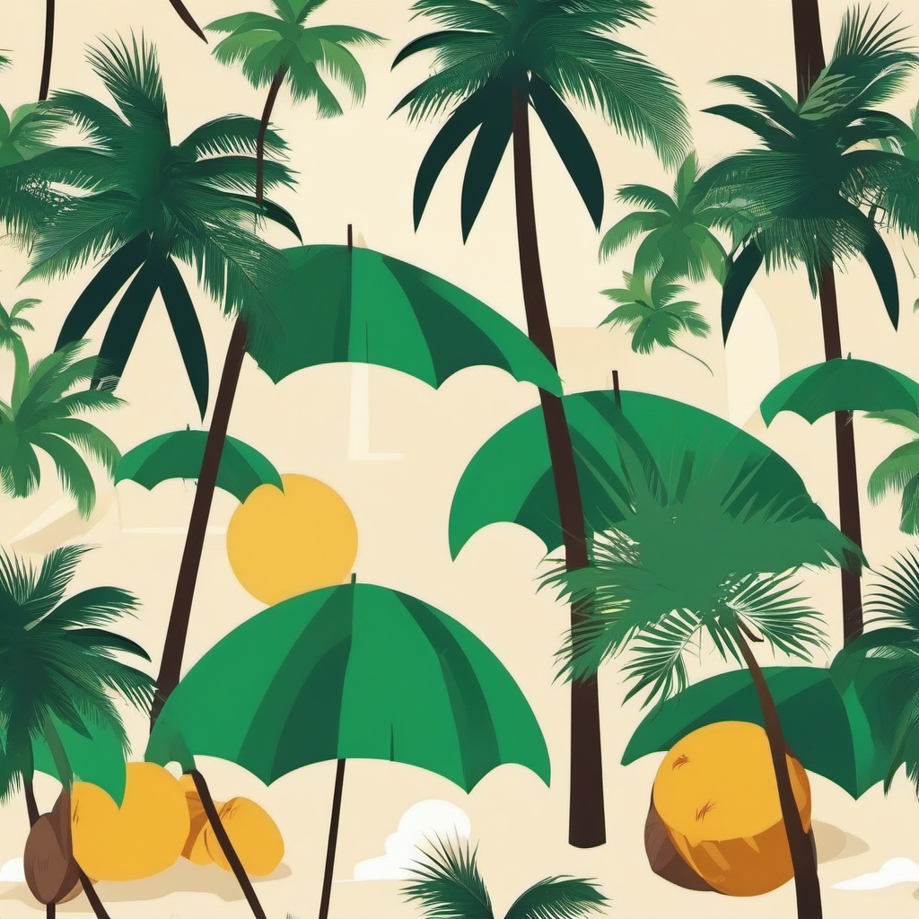 Coconut and Palm Trees Clipart - A tropical beach scene with coconuts and palm trees.  color vector clipart, minimal style