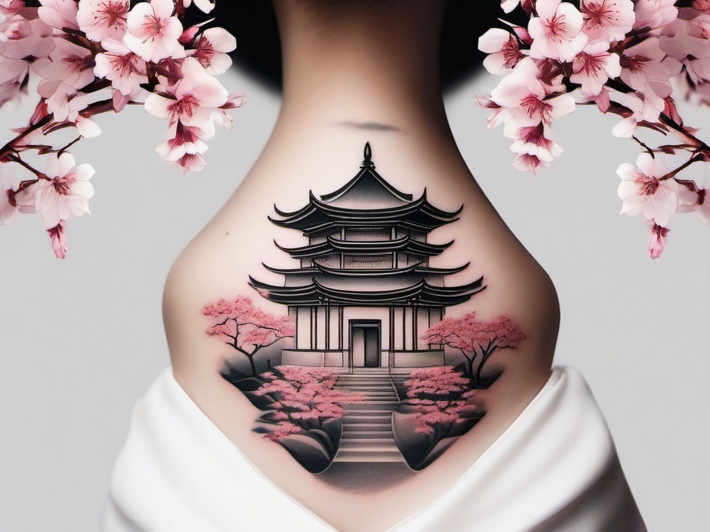 Cherry Blossom Temple Tattoo - Spiritual, blends blossoms with temples.  simple color tattoo,white background,minimal