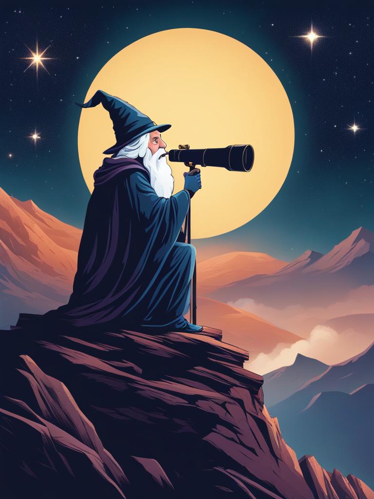 wise old wizard gazing at the cosmos through a telescope in a tower atop a mountain. 