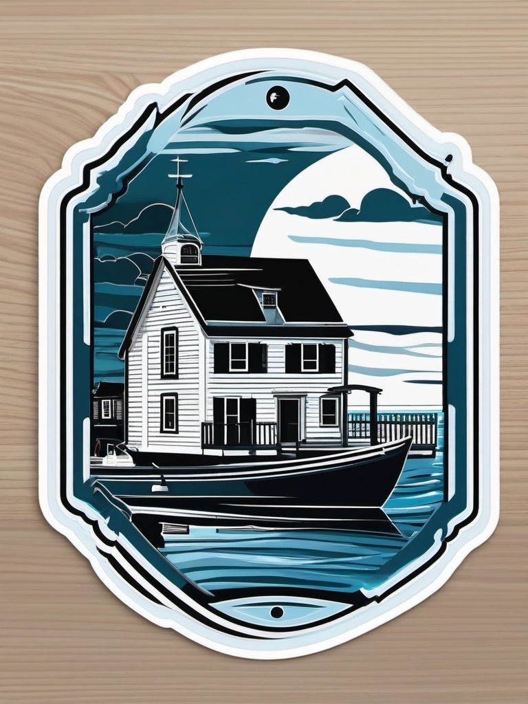 Waterfront Cape Cod Sticker - Capture the coastal charm of a waterfront Cape Cod house with this timeless sticker, , sticker vector art, minimalist design