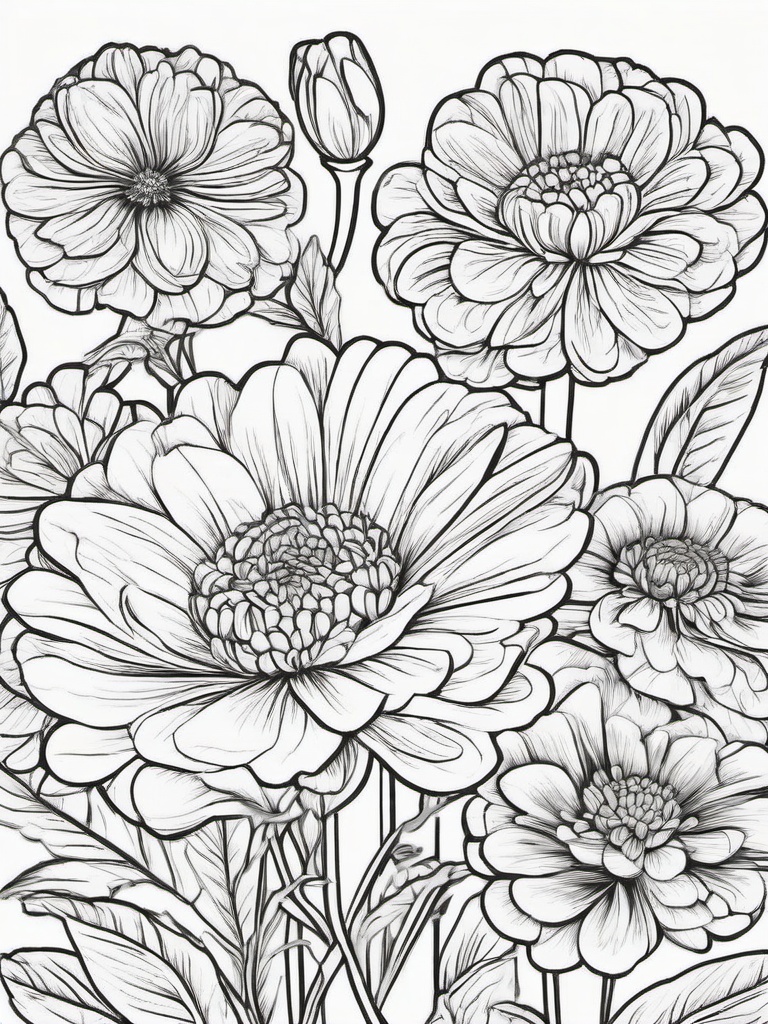 Floral Zinnias - Bright, cheerful blooms with a sturdy stem.  outling,coloring pages,black and white