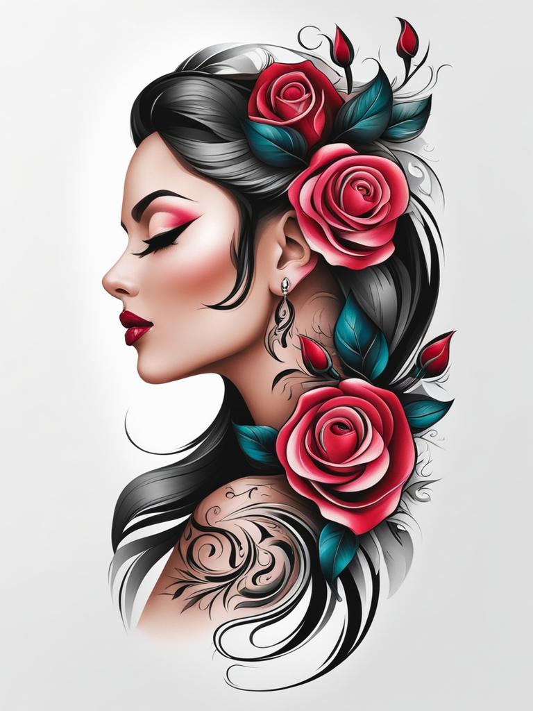 Tattoo rose neck, Tattoos that elegantly adorn the neck with the beauty of roses. , color tattoo design, clean white background