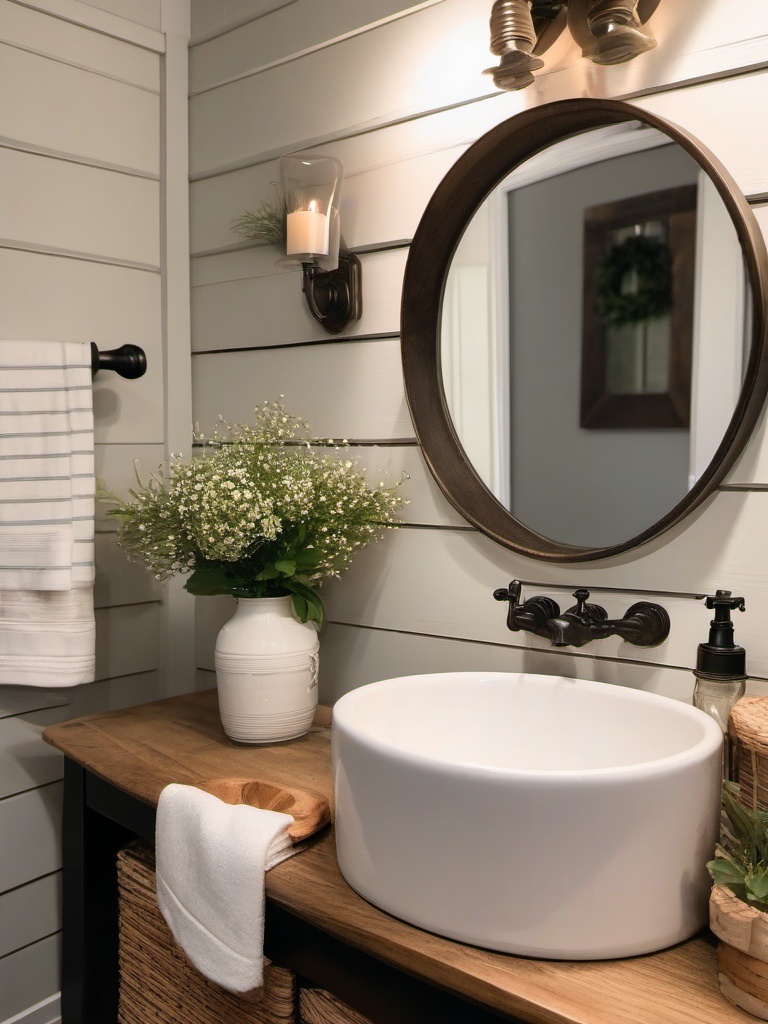 Farmhouse Powder Room - Farmhouse charm to your powder room with shiplap walls and vintage fixtures. realistic, professional photography, bokeh, natural lighting, canon lens, shot on dslr 64 megapixels sharp focus