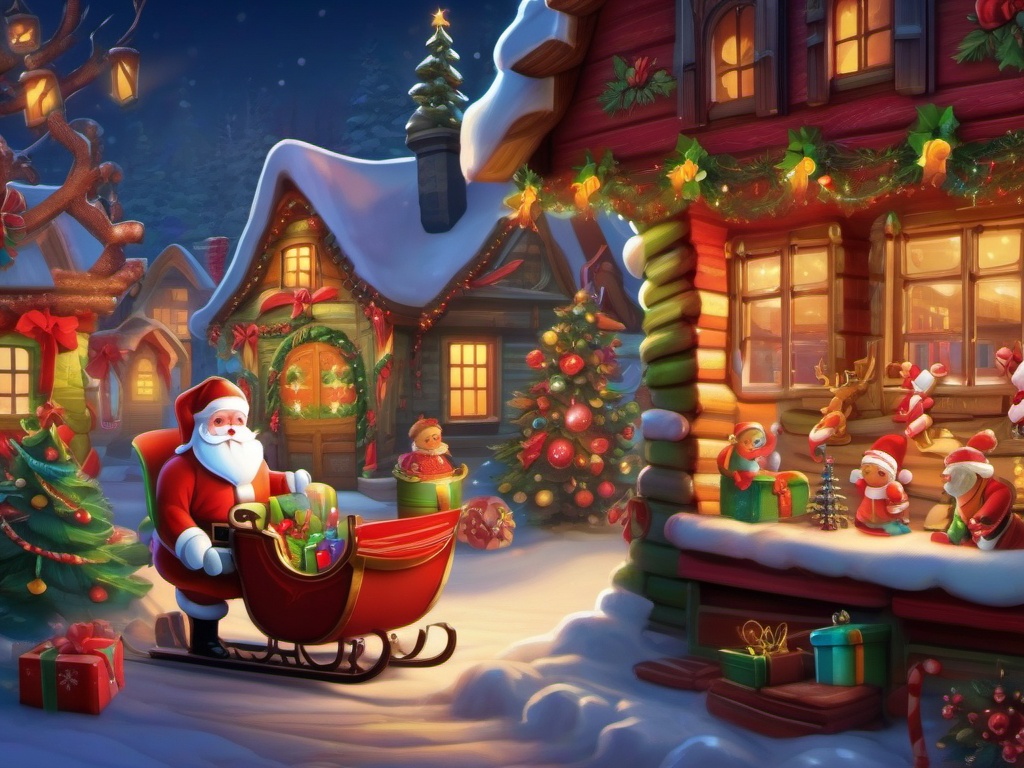 Cute Christmas Wallpaper - Santa's Workshop at the North Pole wallpaper splash art, vibrant colors, intricate patterns