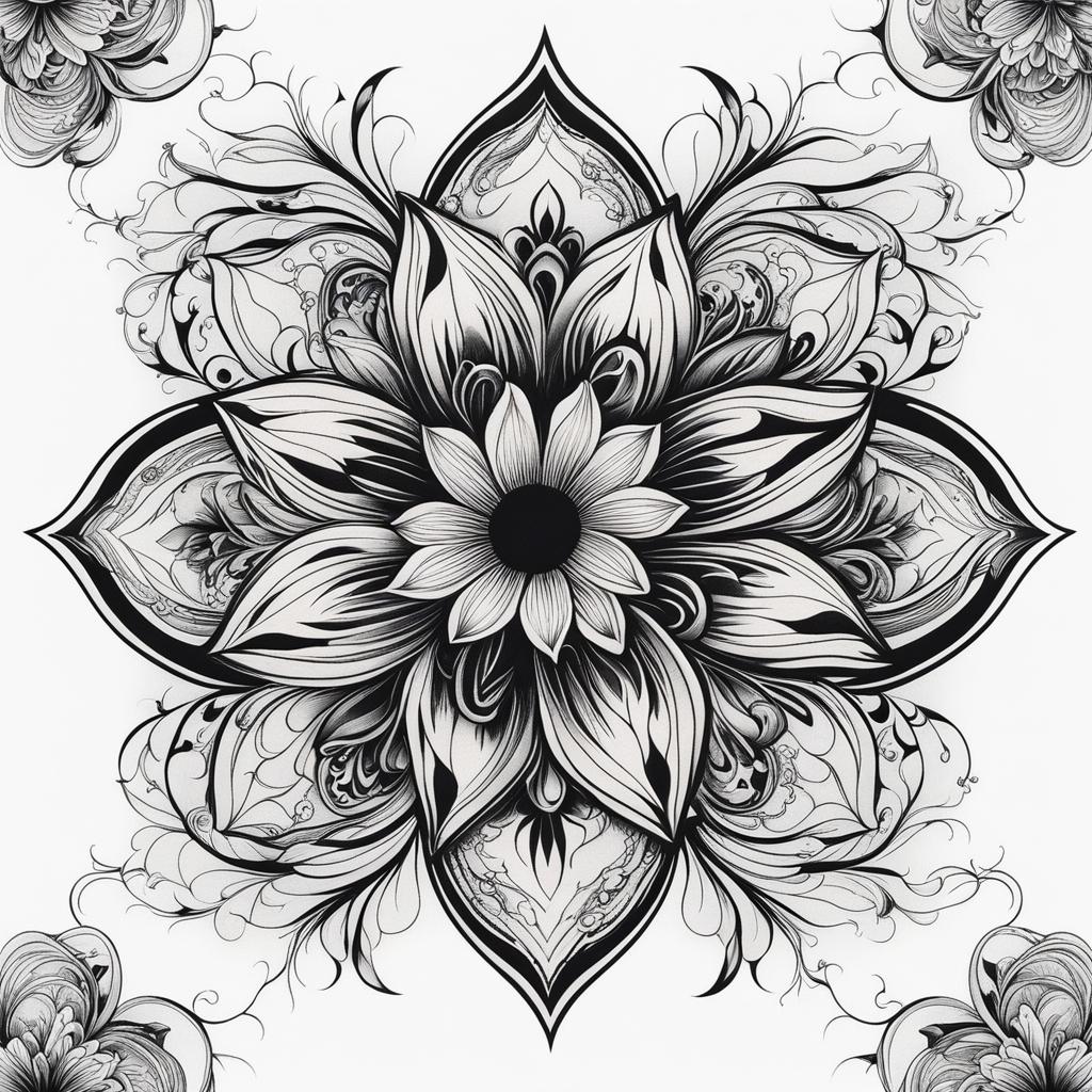 Black flower tattoo, Artistic tattoos featuring black flowers.  color, tattoo patterns, white clean background