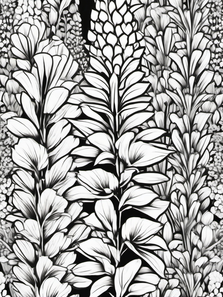 Floral Foxglove - Tall spikes filled with tubular flowers.  outling,coloring pages,black and white