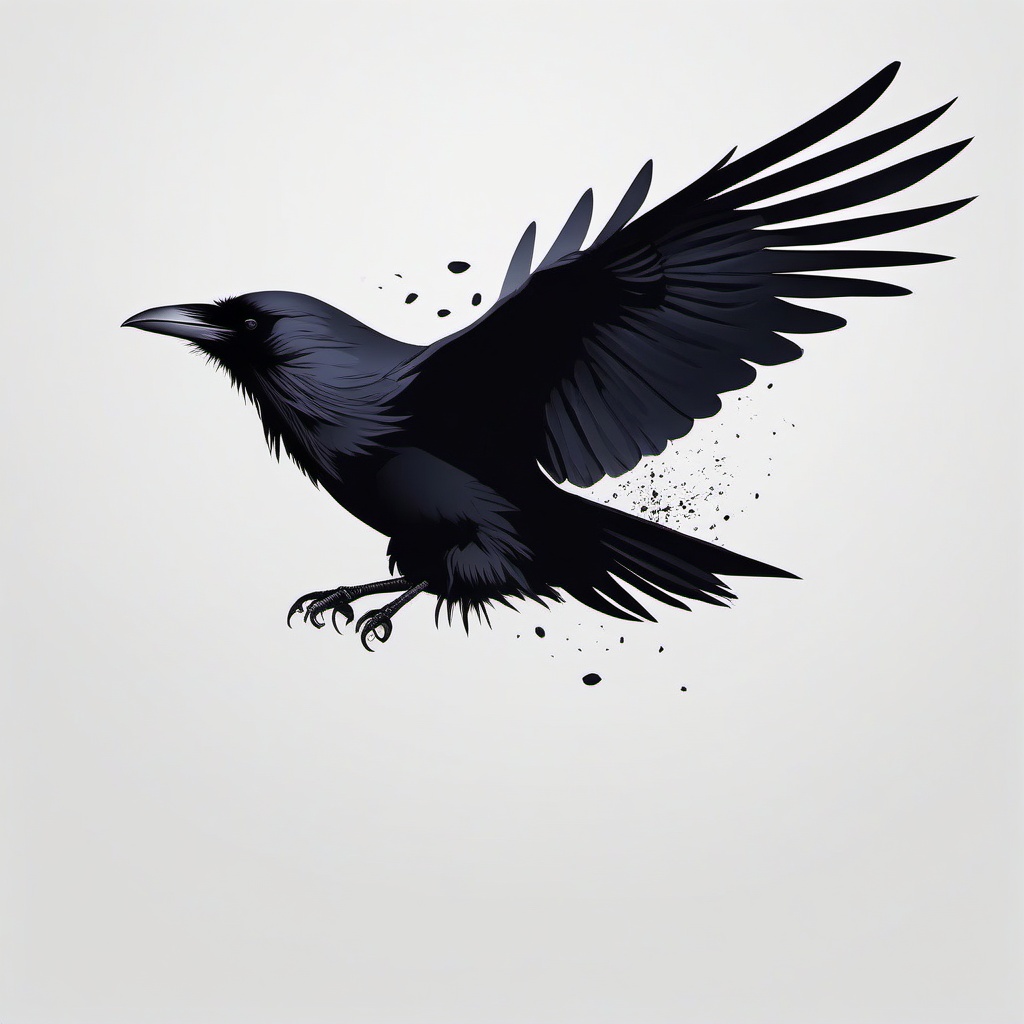 Flying Raven Tattoo - Raven in motion  minimal tattoo design, white background