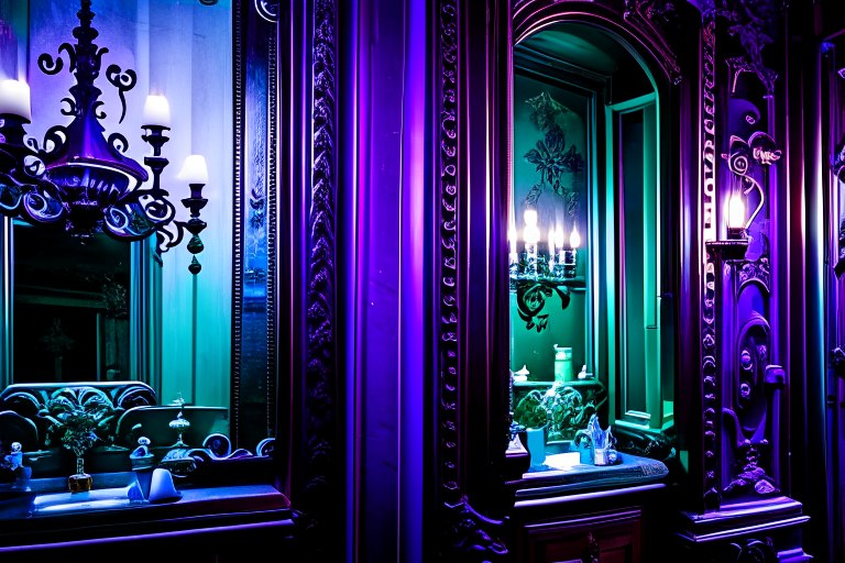 haunted mansion bathroom with ghostly apparitions reflected in antique mirrors. 