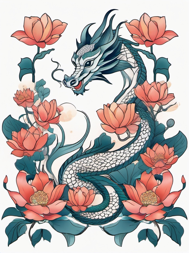 Lotus Dragon Tattoo - Tattoo featuring a dragon amidst lotus flowers.  simple color tattoo,minimalist,white background