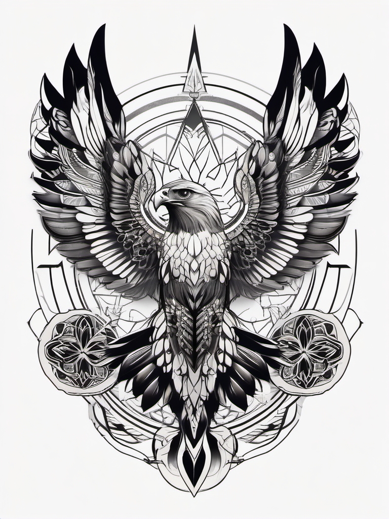 Hawk tattoo in a harmonious blend with sacred symbols.  color tattoo style, minimalist design, white background