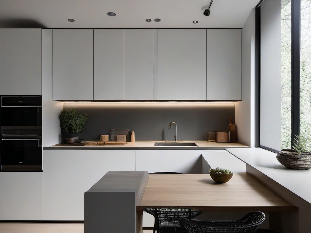 Minimalist kitchen includes simple cabinetry, a monochromatic color palette, and an uncluttered countertop that promotes a streamlined look.  