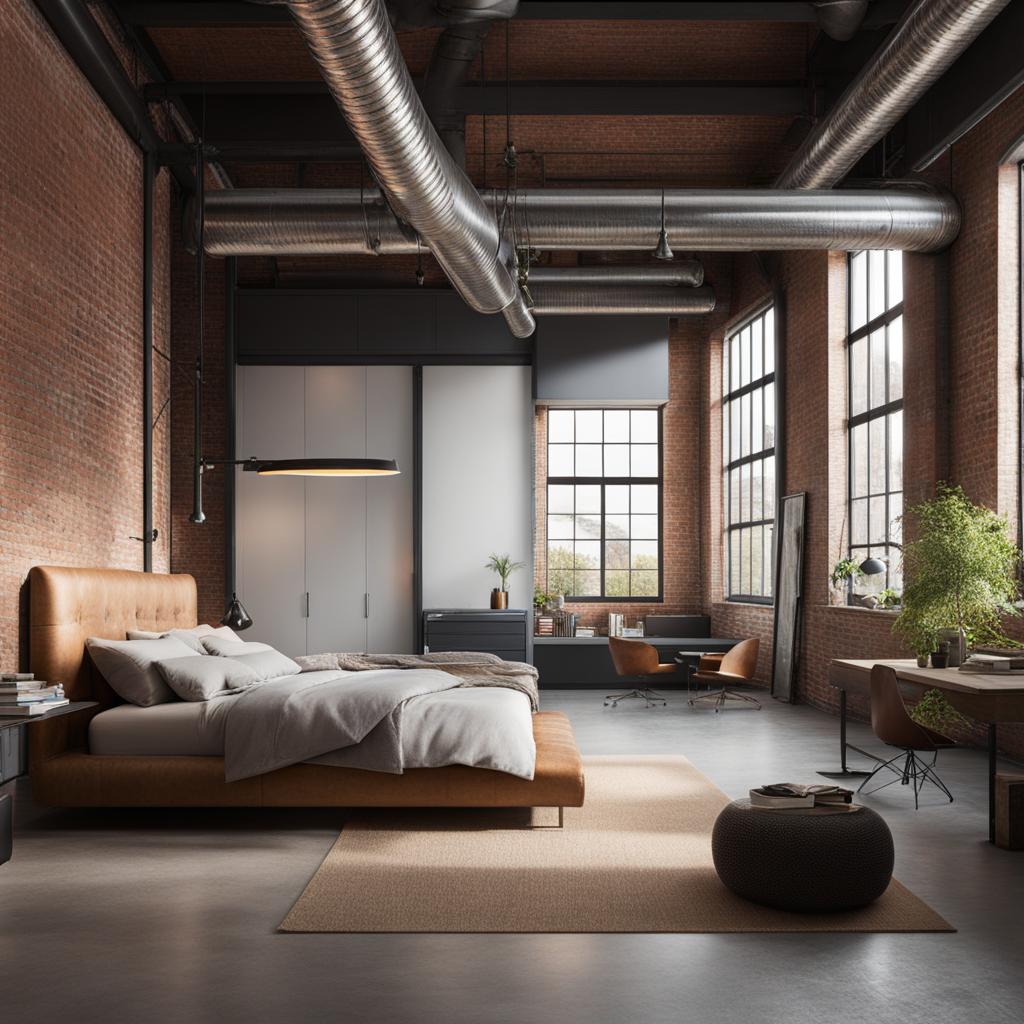 industrial-style bedroom with exposed ductwork and raw materials. 