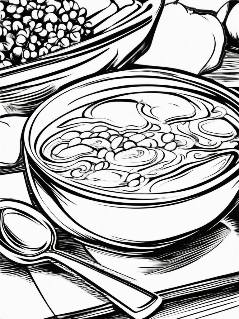 Food Coloring Pages - Bowl of soup with a spoon beside it  simple coloring pages